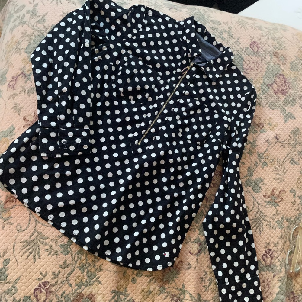 Tommy Hilfiger black blouse white polka dot.